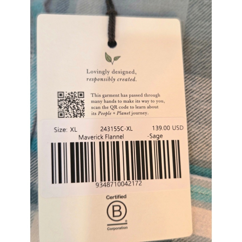 Spell Maverick Flannel XL Sage Plaid Organic Cotton Hemp Button Up Shirt NWT - Picture 12 of 14